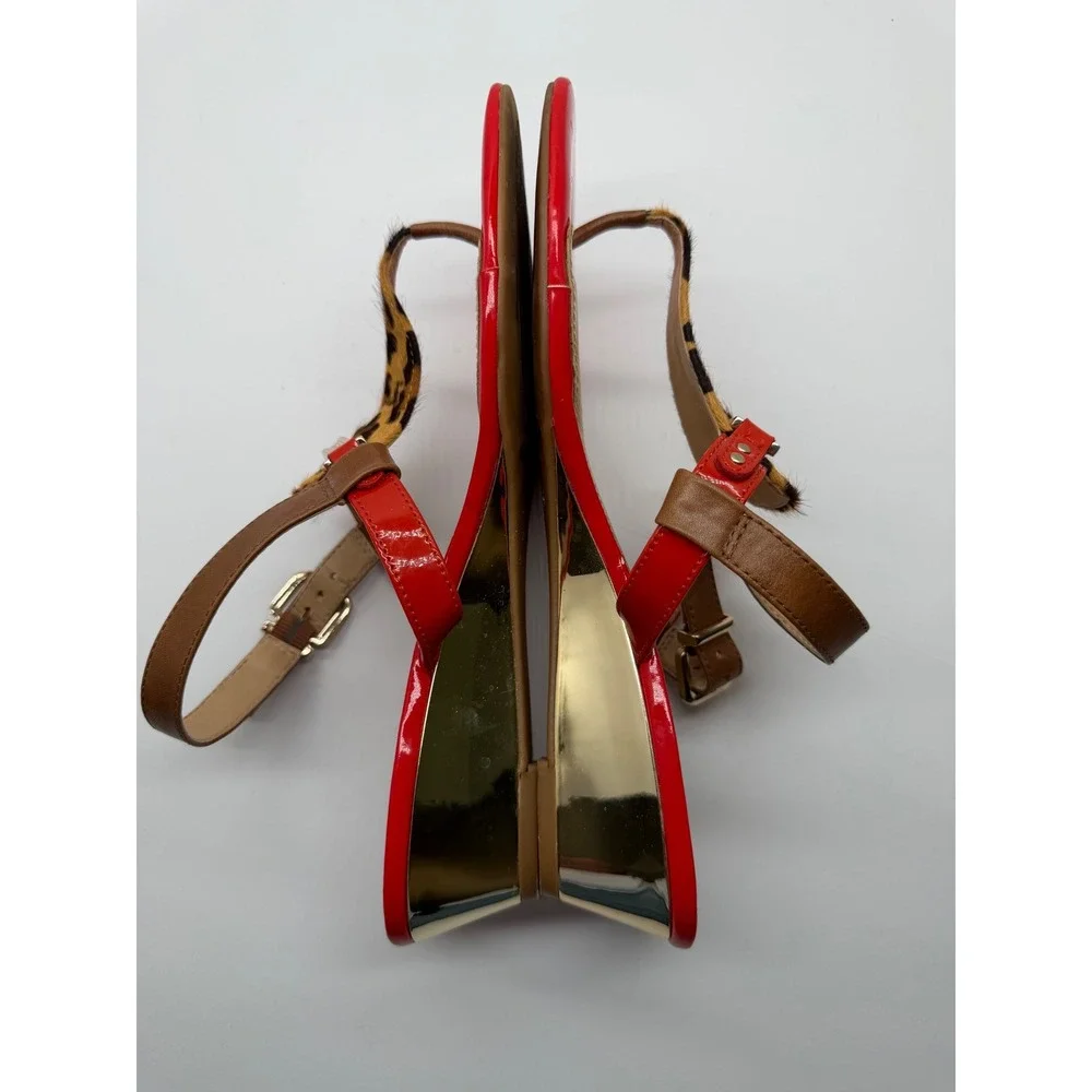 Antonio Melani Red Patent Leopard Calf Hair Gold Wedge Sandals‎ Mens 9M